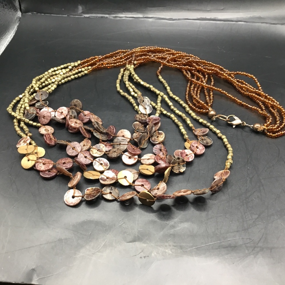 6-Strand Beaded Necklace Shell Discs, Glass Seed bead Copper, Golds, Earthy